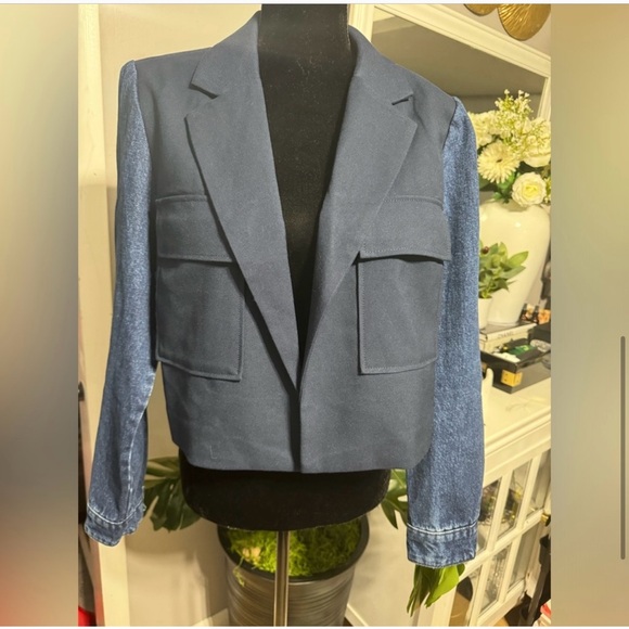 Contrasting Denim Cropped Blazer - Future Collective Navy Blue - Picture 4 of 7